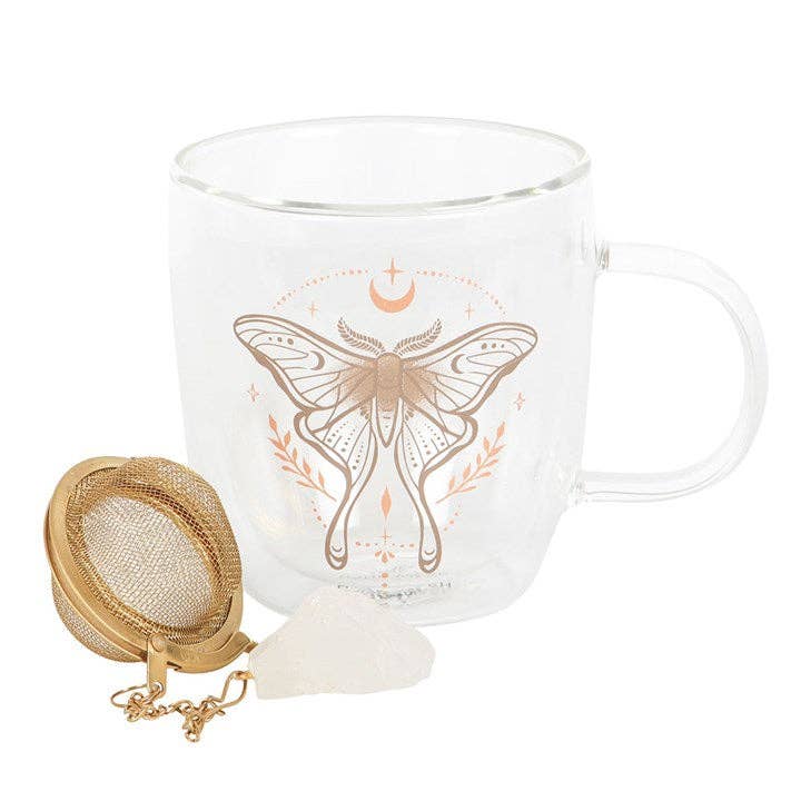 Luna Moth Double Wall Glass Mug with Crystal Tea Infuser