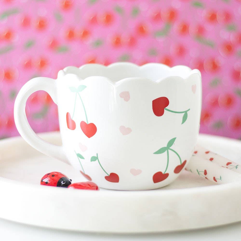 Scalloped Heart Shaped Valentine's Day Mug with Cherries