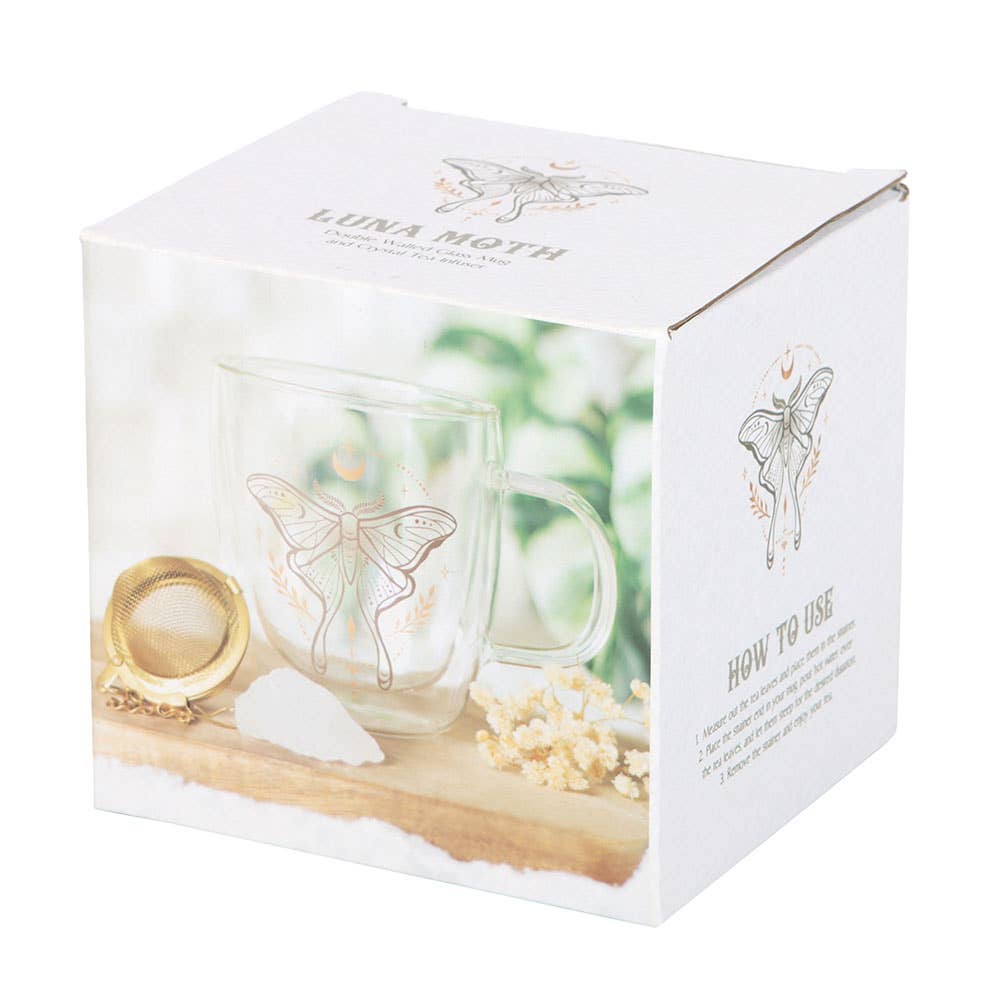 Luna Moth Double Wall Glass Mug with Crystal Tea Infuser