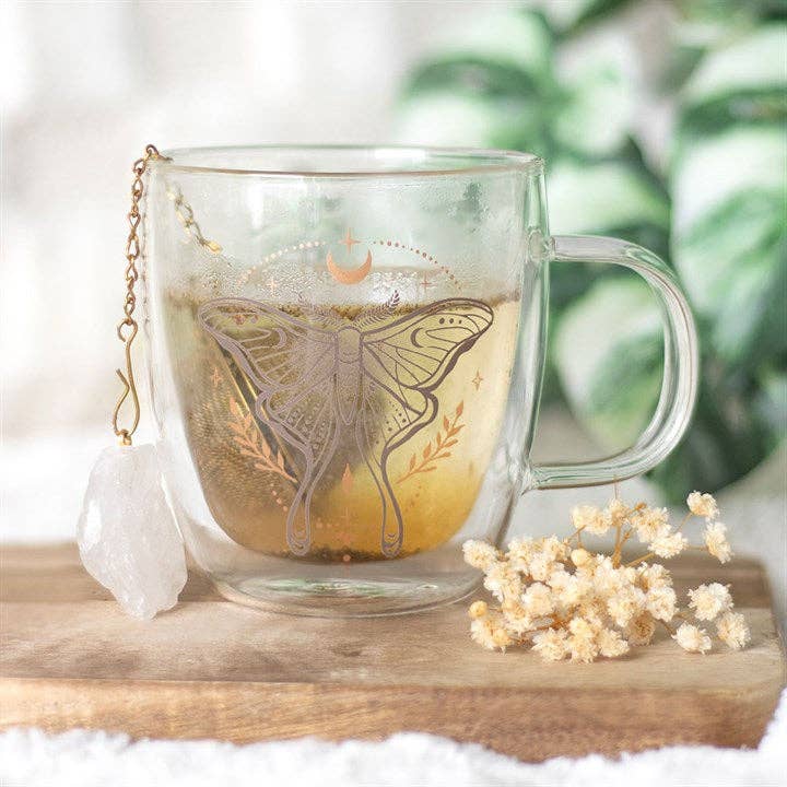 Luna Moth Double Wall Glass Mug with Crystal Tea Infuser