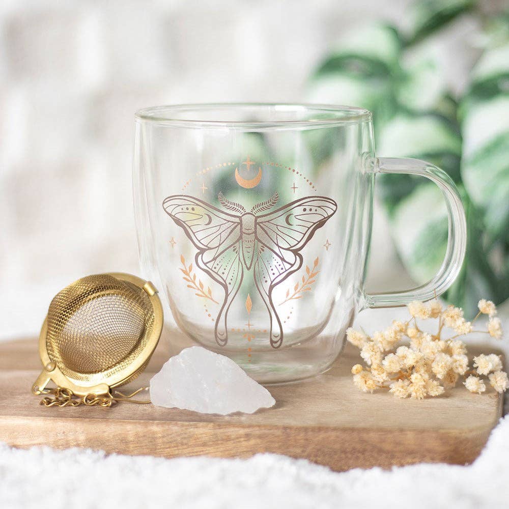 Luna Moth Double Wall Glass Mug with Crystal Tea Infuser