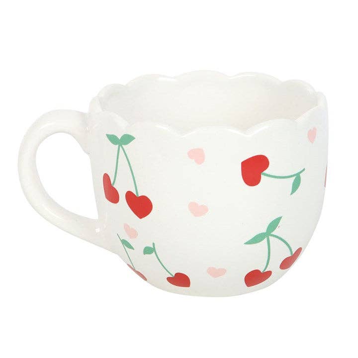 Scalloped Heart Shaped Valentine's Day Mug with Cherries