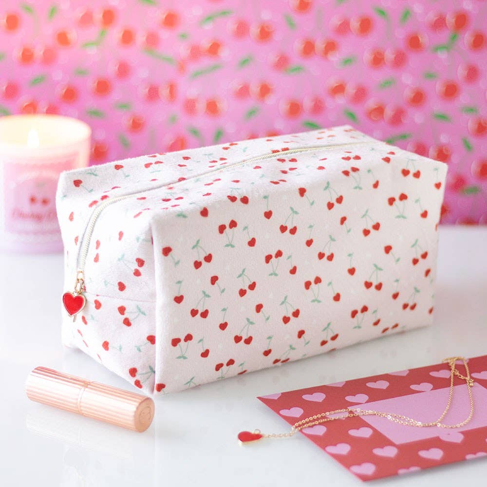 Trousse de maquillage imprimée cerises en forme de cœur pour la Saint-Valentin