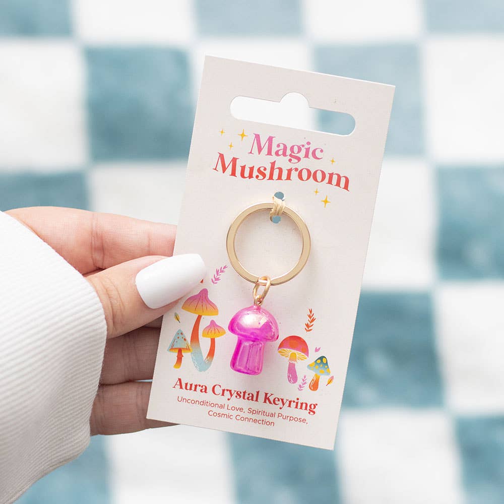 Porte-clés en forme de champignon en cristal Aura rose